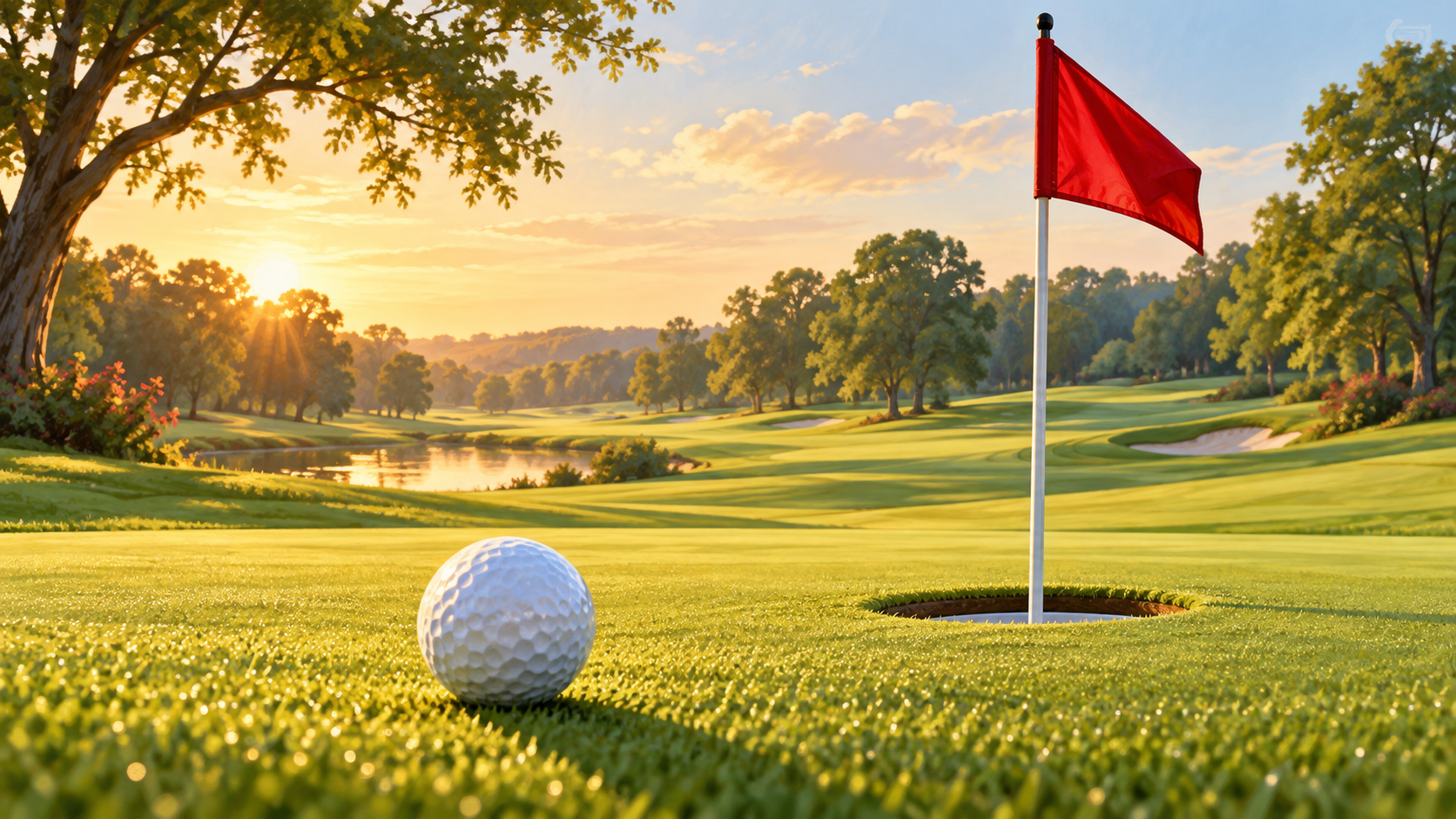 Illustration of a sunny golf green with a golf ball, red flag, and trees