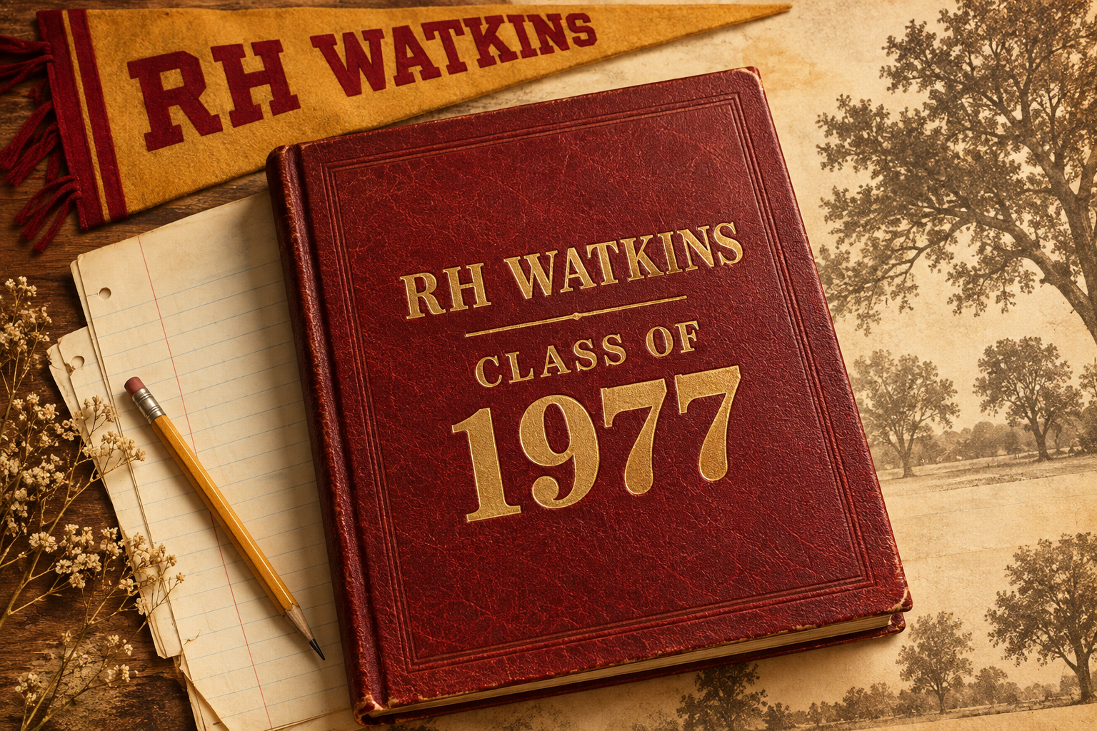 Illustrated red 1977 yearbook and gold R.H.Watkins pennant on vintage stationery